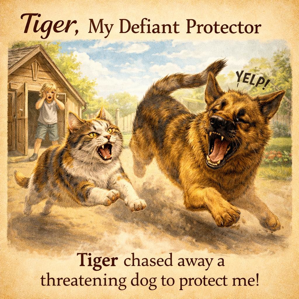 My cat
                    that protected me against a large dog